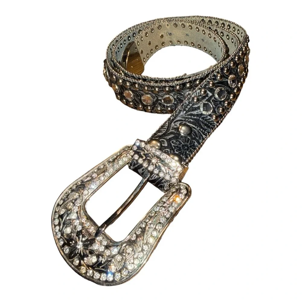 Genuine Leather & Rhinestone Belt Women's XL Y2K Punk Western Bling
